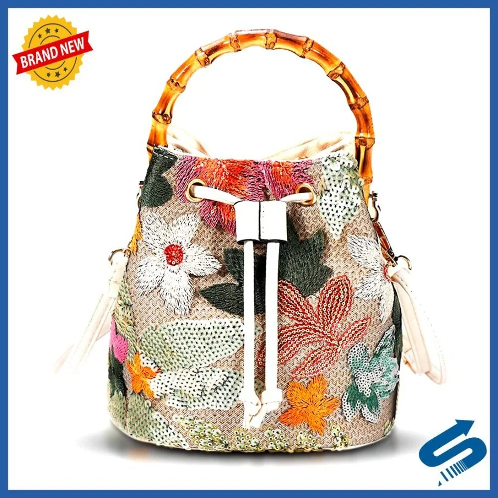 Hand Embroidered Straw Tote Bag Bohemian Beach Crossbody with Bamboo Handle